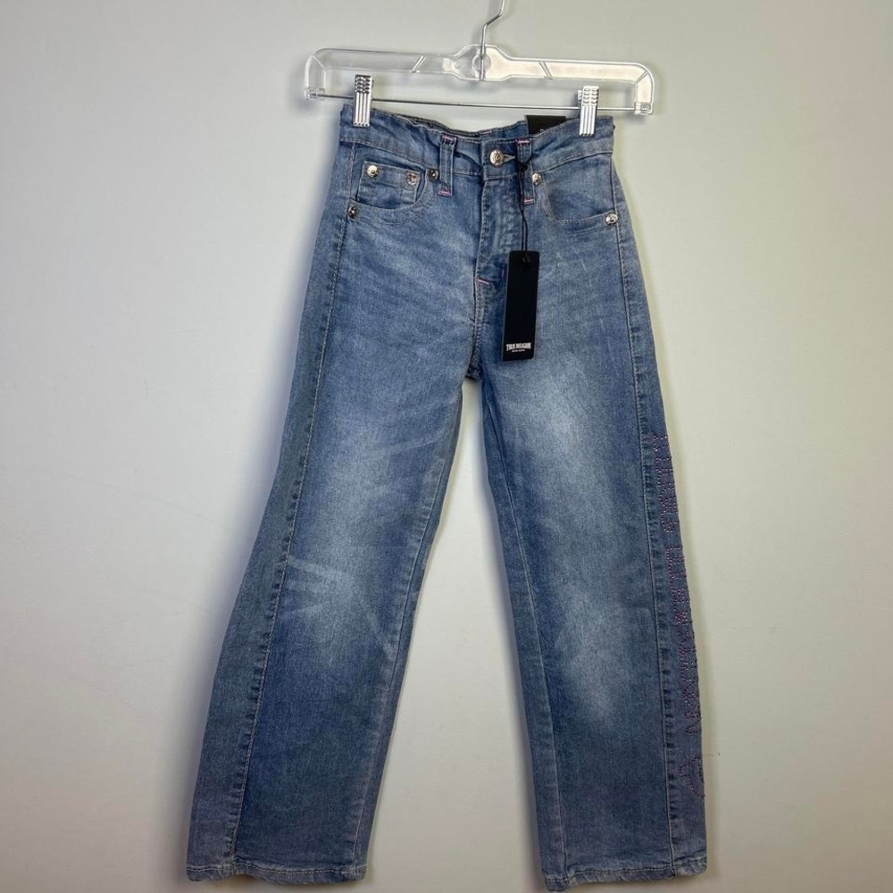 True Religion Leila Kids Blue Wide Leg Jeans Pink Rhinestone Logo Size 10 NWT - Picture 1 of 8
